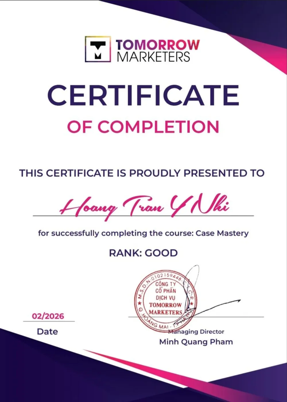 Tomorrow Marketers Case Mastery certificate