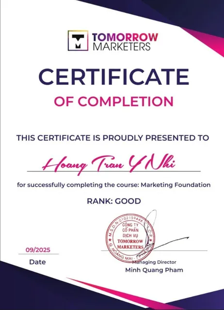 Tomorrow Marketers Marketing Foundation certificate