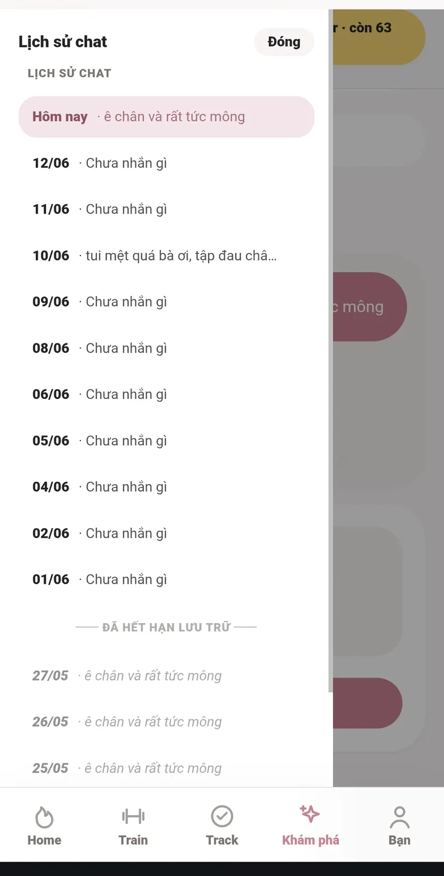 Liftie AI chat history with daily check-ins